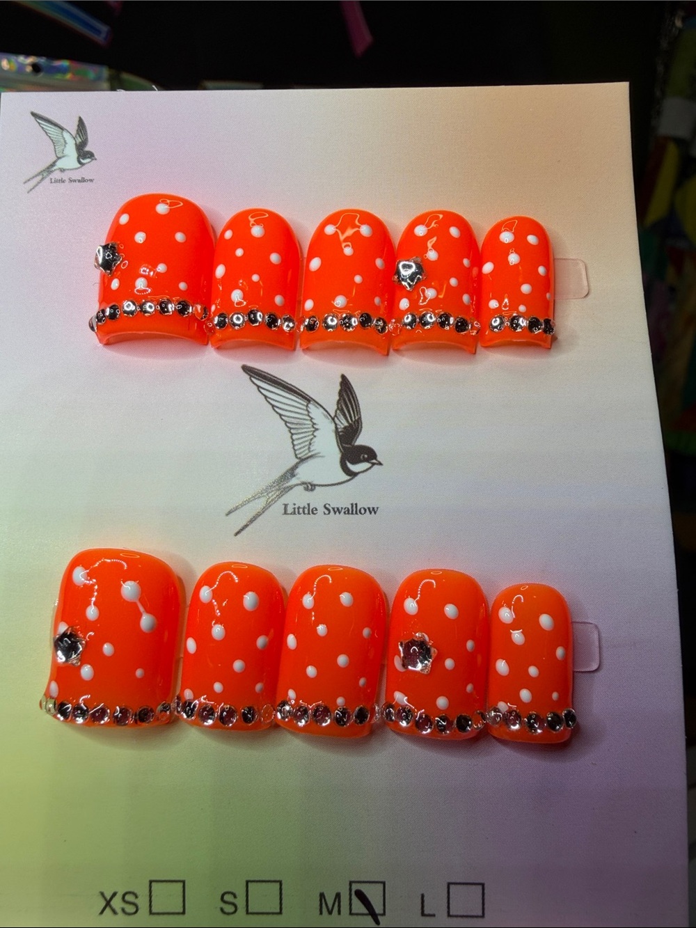 Duck Nail Orange Polka Dot Rhinestone Press-On Nails